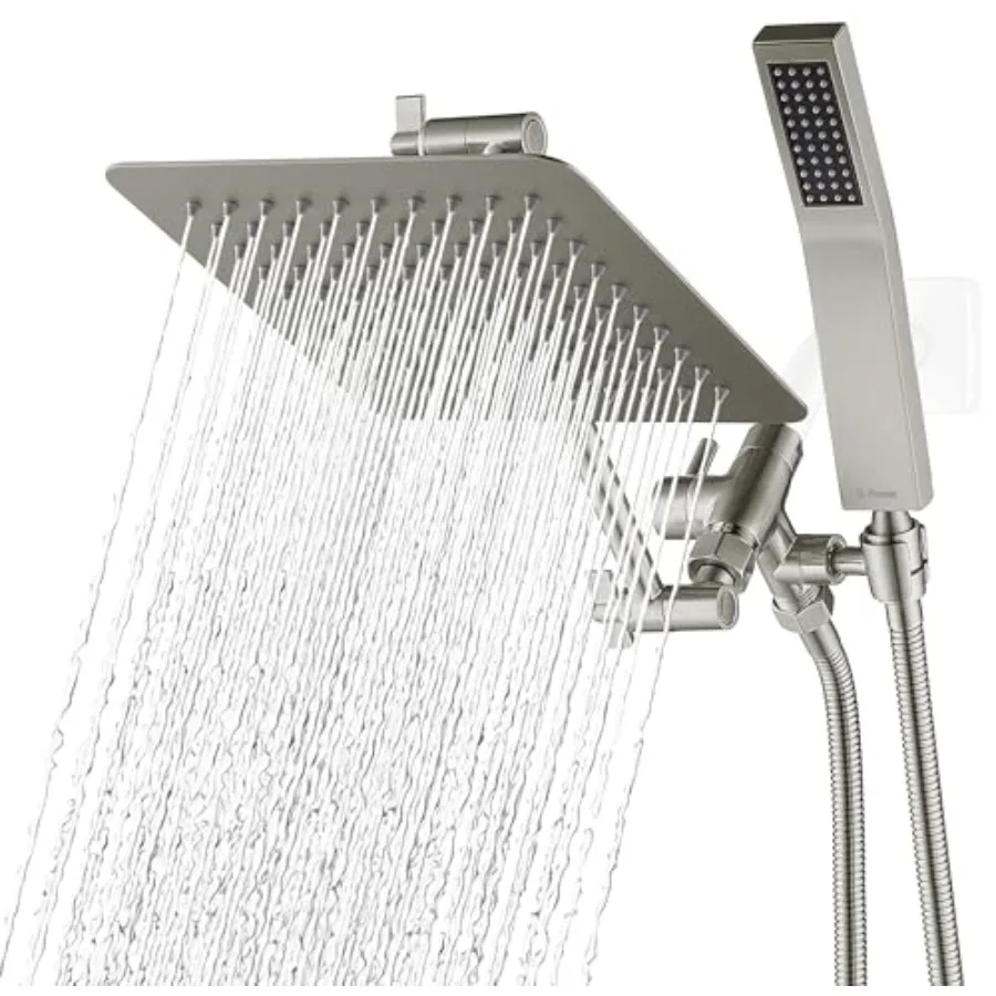 

8-дюймовая двойная квадратная душевая лейка с ручным распылителем, комбинированный комплект из матового никеля для обновления ванной комнаты, полностью металлическая конструкция, регулируемая.