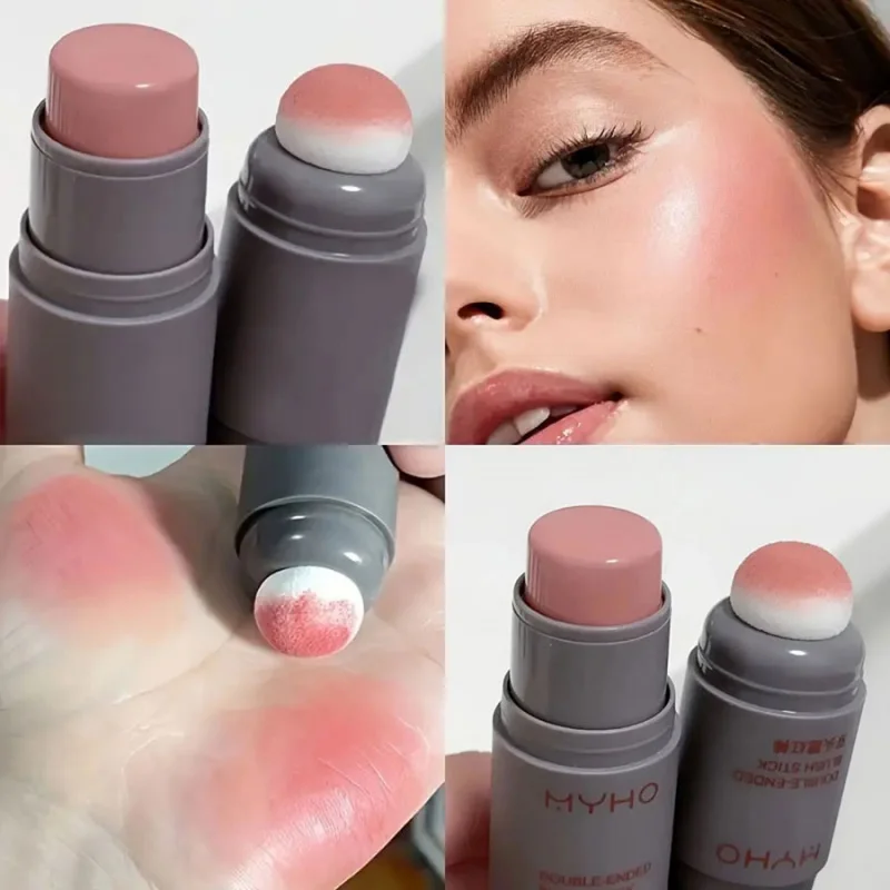 Monocromático Pó Blush Stick, cabeça dupla esponja, durável, fosco, Rouge Natural, Dual-Use, Lip Cheek, luz Natural