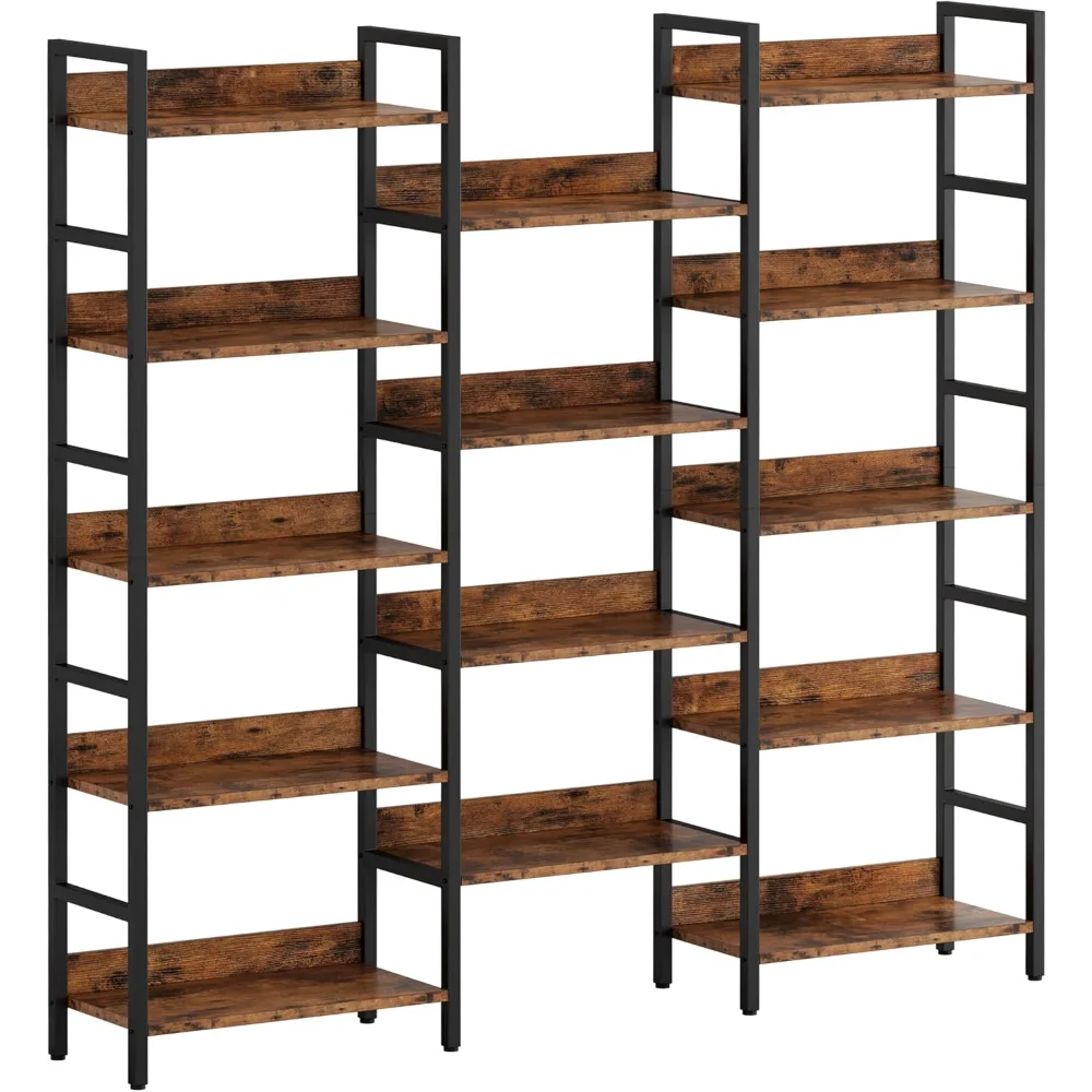 

Bookcases and Bookshelves Triple Wide 5 Tiers Industrial Bookshelf with Baffles Large Etagere Bookshelf with Metal Frame