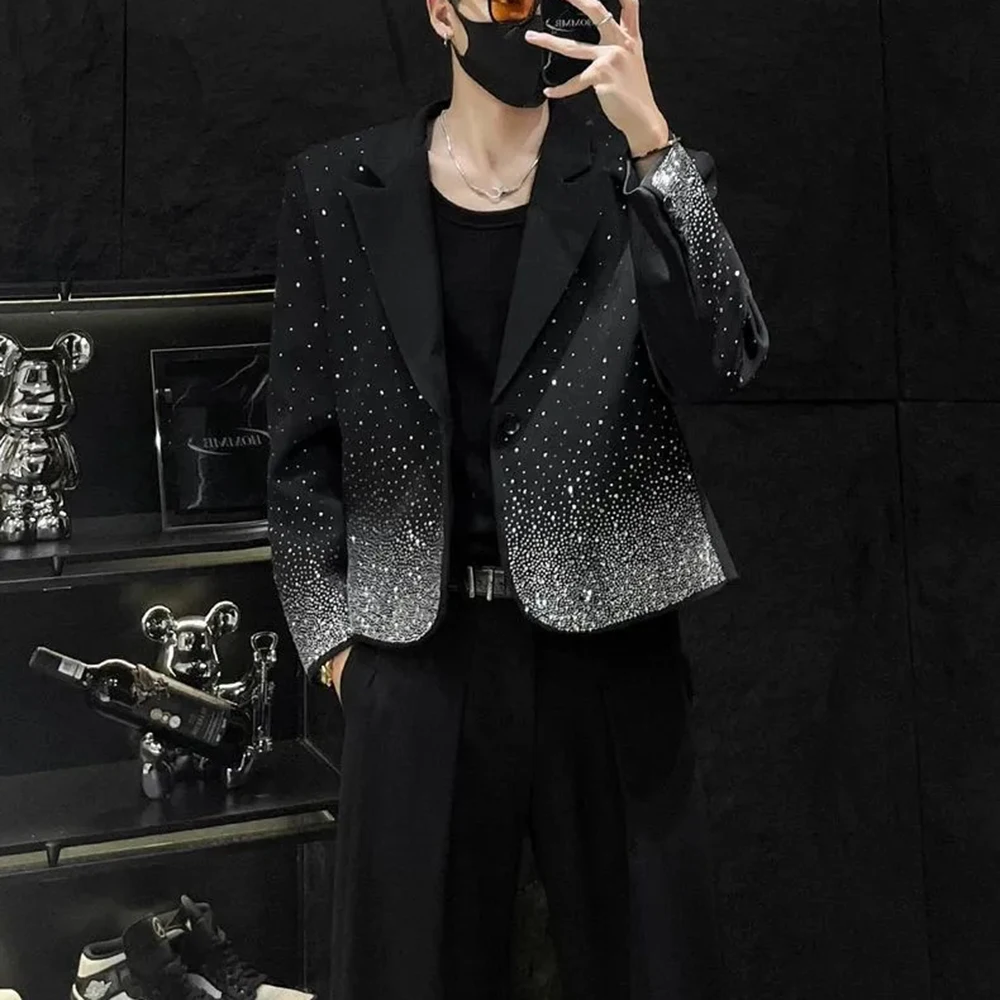 2025 Men's New Rhinestone Long Sleeve Jacket American Retro Fashion Trend High Street Casual Loose Breathable Niche Men's Tops