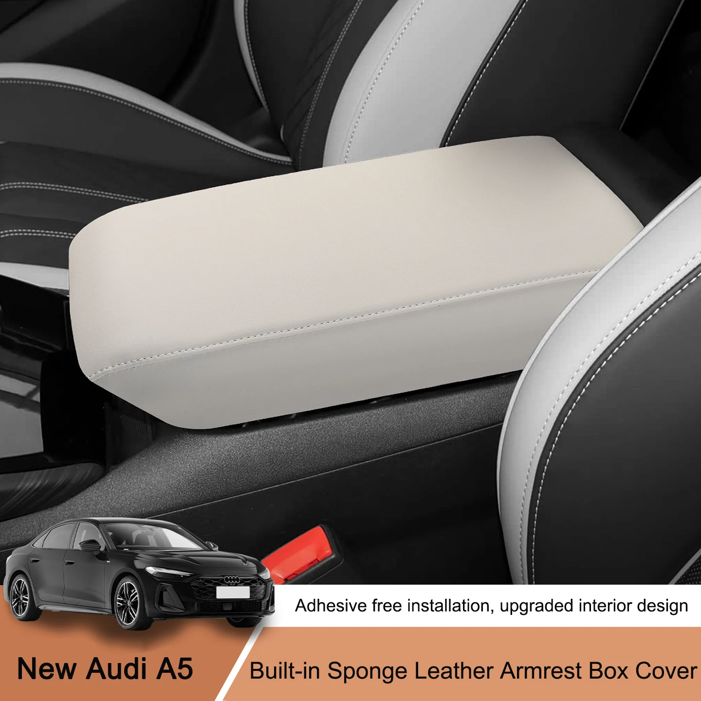 Hard Shell Leather Armrest Box Cover with Knitted Sewing Thread Overlay for New Audi A5 2025–2026
