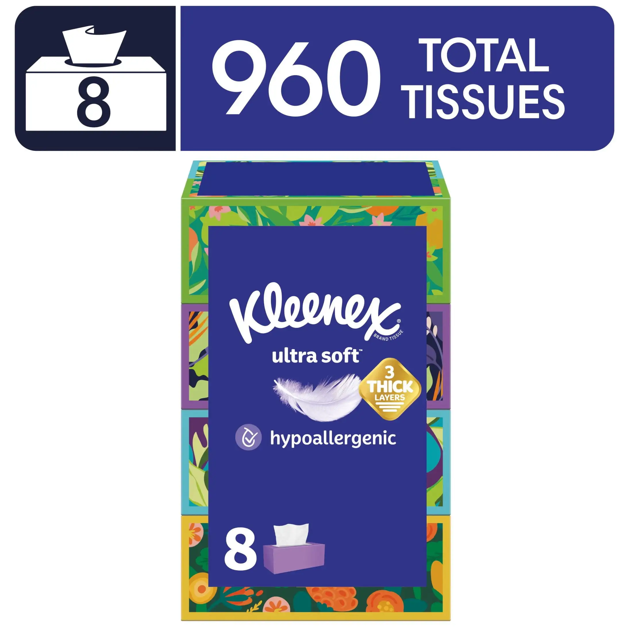 

Kleenex Ultra Soft Facial Tissues, 8 Flat Boxes, 120 Tissues per Box, 3-Ply (960 tissues total); packaging may vary