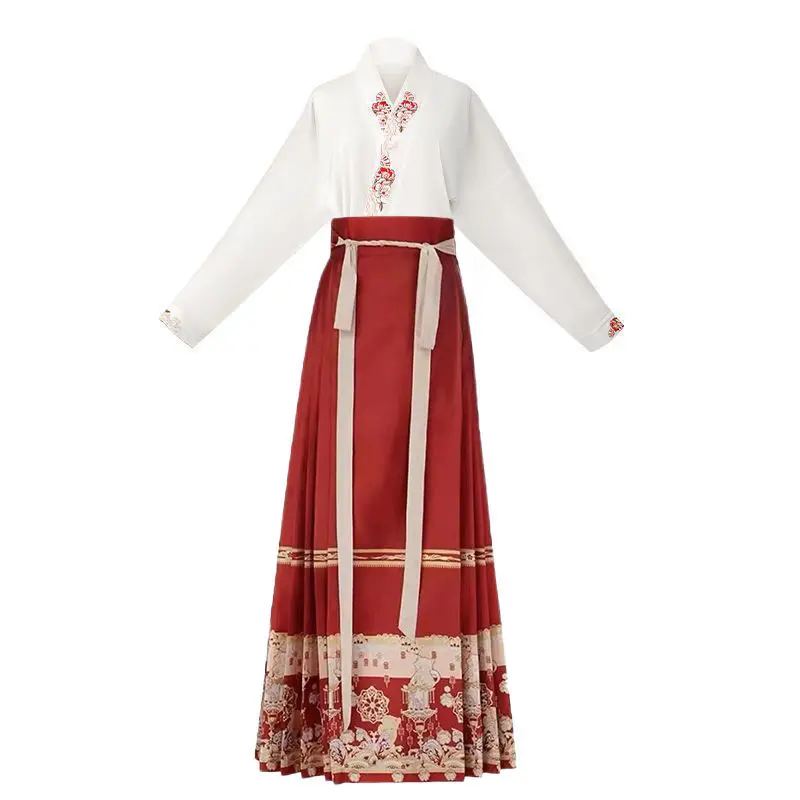 New Chinese Horse Face Skirt Two-piece Women\'s 2024 New Hanfu Female Tops Fashion Loose Print Birthday Party Banquet Dance Dress