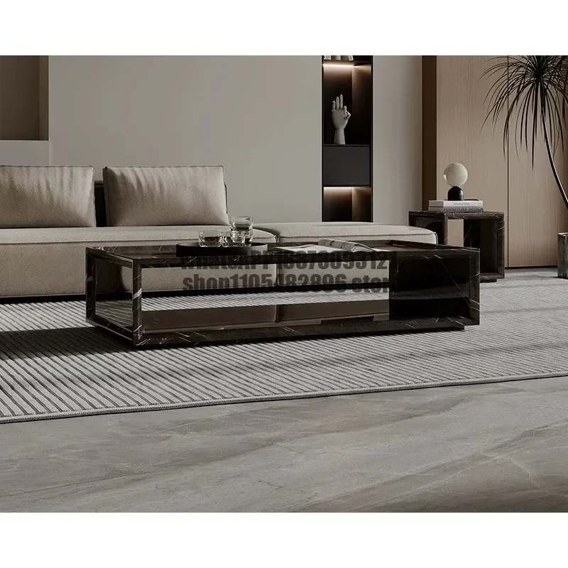 High-grade natural marble rectangular coffee table minimalist storage personality cream wind wabi sandy wind