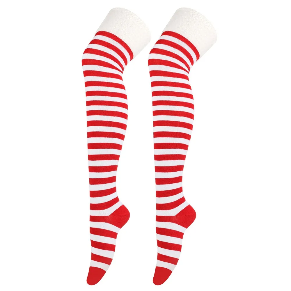 

NEW Polyester Cotton Over Knee High Socks Striped Multi-color Christmas Hosiery Slim Long Socks Women