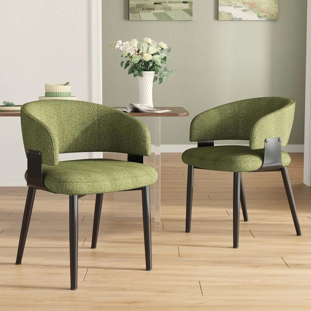 Pair of Modern Upholstered Fabric Dining Chairs with Barrel Style, Armrests, and Curved Back Design for Kitchen