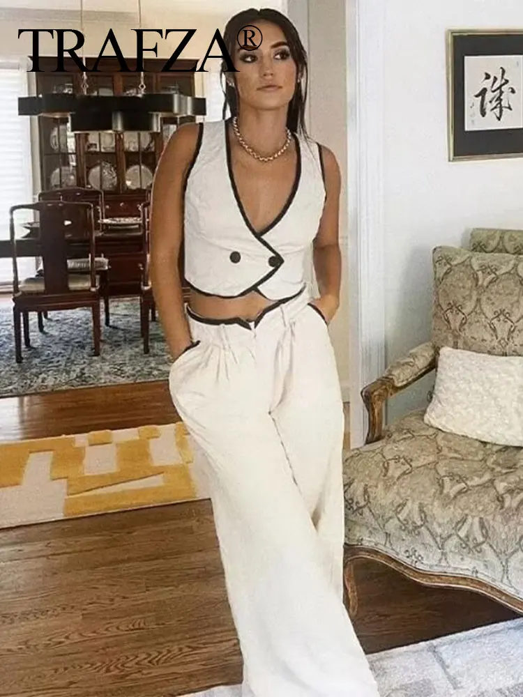 TRAFZA 2024 Summer Women Fashion Pants Set White V Neck Contrasting Short Vest Top + Loose Female Wide Leg Long Pant Streetwear