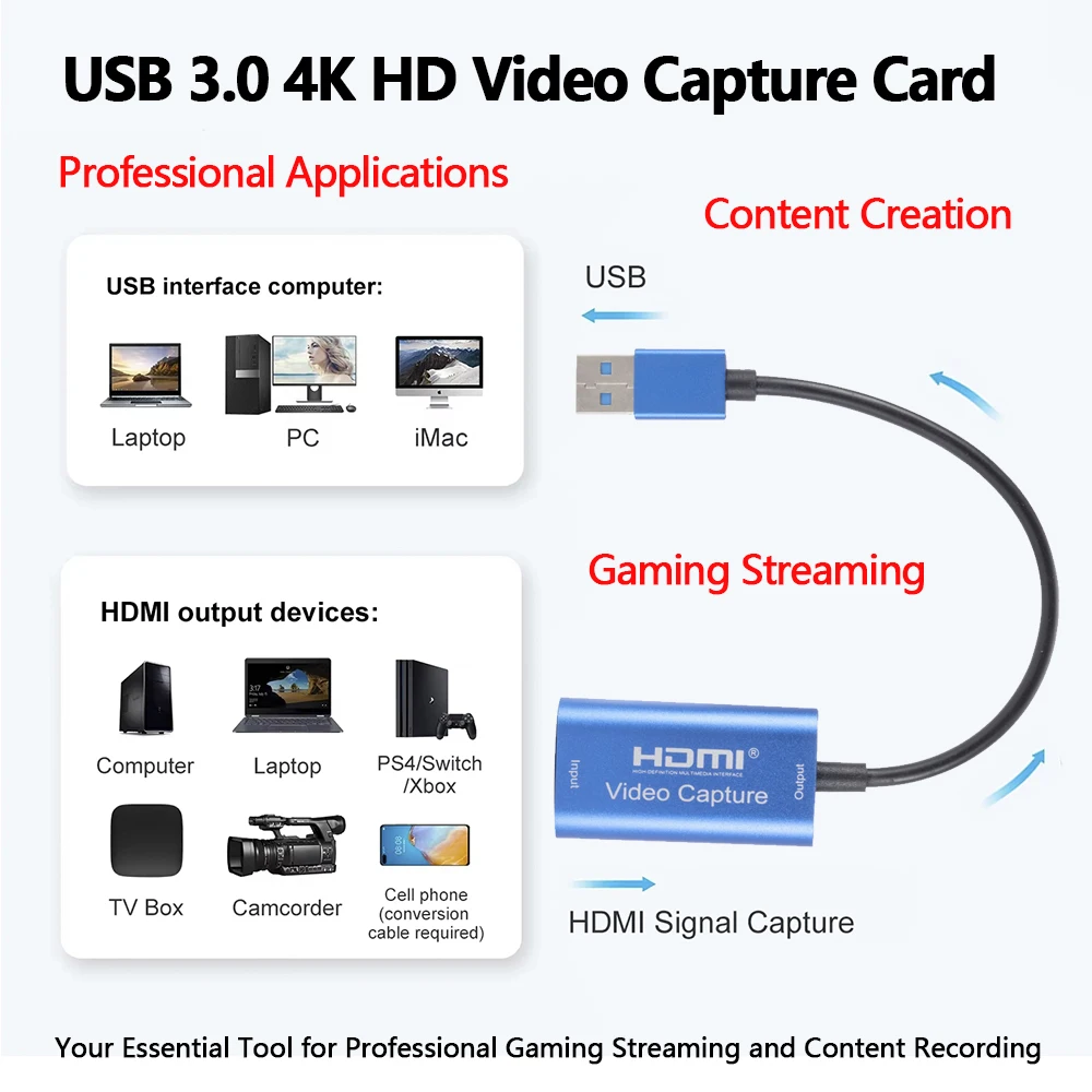 

USB 3.0 HD Video Capture Card HDMI to USB Recorder Dongle for PS4 PS5 Nintendo Switch Game Video Recording Live Broadcast