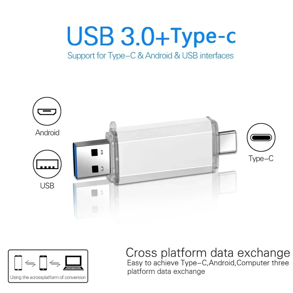 High Speed Type-C Memory Stick, USB 3.0 Flash Drive, Armazenamento Externo de Dados, Chaveiro, 2 em 1 Caneta, 32GB, 128GB