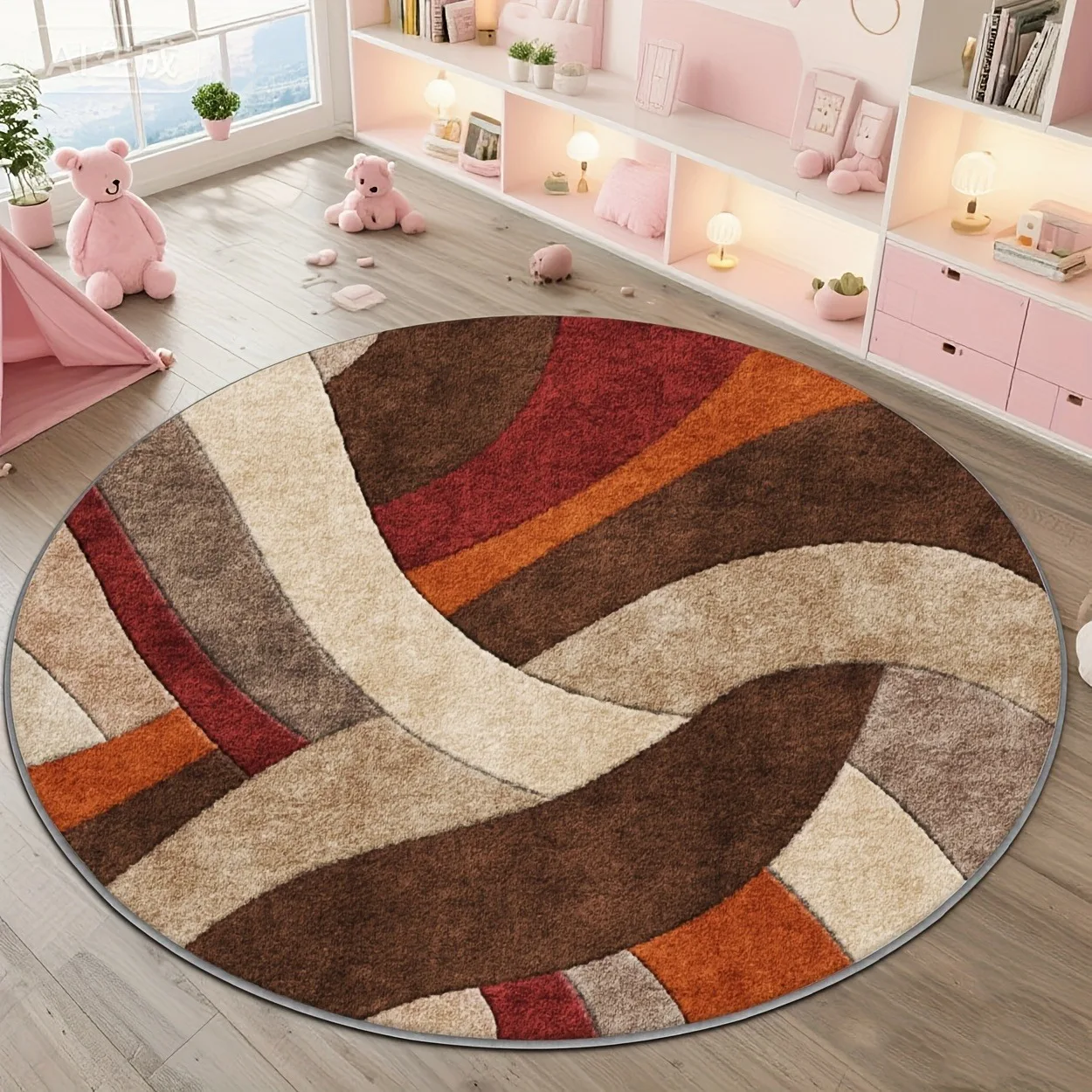 Modern Warm Block Curve Round Rug,Interlaced Twist Geometric Printed Circular Floor Mat,Living Room Bedroom Study Decor Carpet