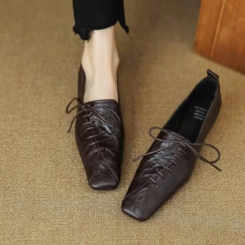 

Retro Low Heeled Flat Shoes Brown Black Versatile Soft Soled Lace Up Small Leather Shoes Spring/summer New 2025 Women's Shoes