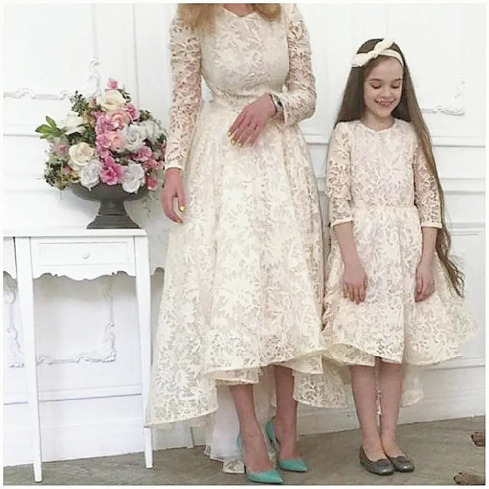 Long Sleeves Arabic Mother And Daughter Prom Party Dresses 2022 Full Lace Hunter Cheap Hi Lo Elegant Evening Gowns For Child