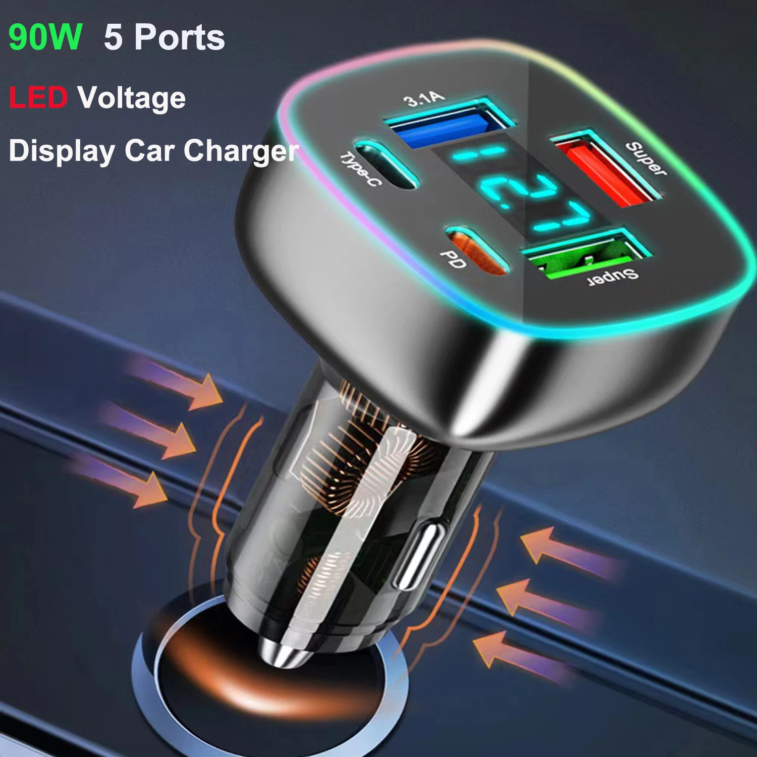 PD30W 5 Ports 90W 5 in 1 LED Voltage Display Car Charger Car Cigarette Lighter for iPhone 1615/14/13/12/11 Xiaomi Huawei Samsung