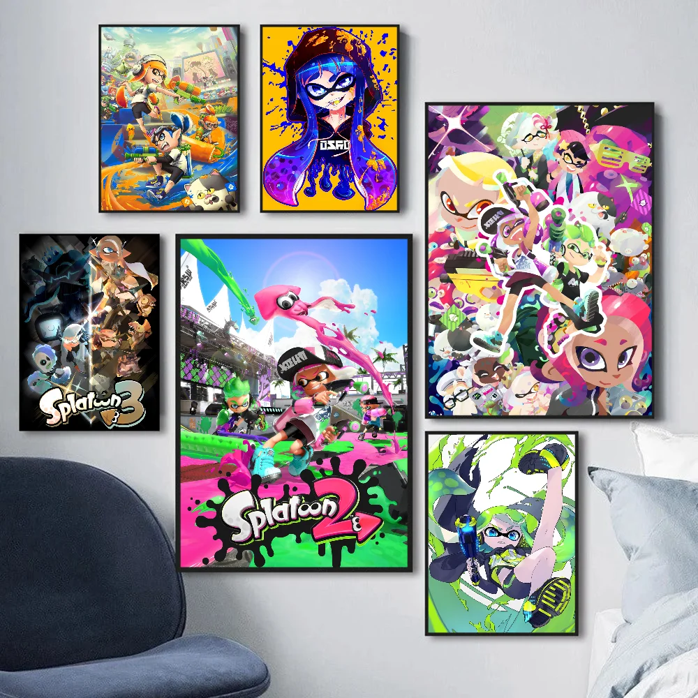 Póster de Game Splatoons, carteles Retro de arte de pared de calidad HD pegajosa para decoración de habitación Kawaii del hogar