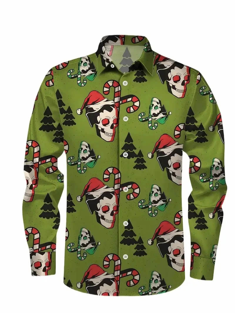 Christmas Gift Cartoon Print New Long Sleeved Shirt Party Top New Year's Christmas Shirt Collar Button Up Shirt