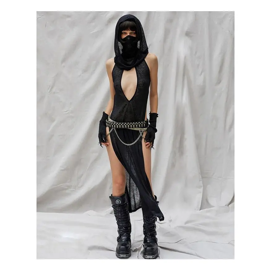 Subcultural Sand Dune Wasteland Style Black Ninja Hooded Dress Sexy Dark Goth Low Cut High Slit Long Skirt