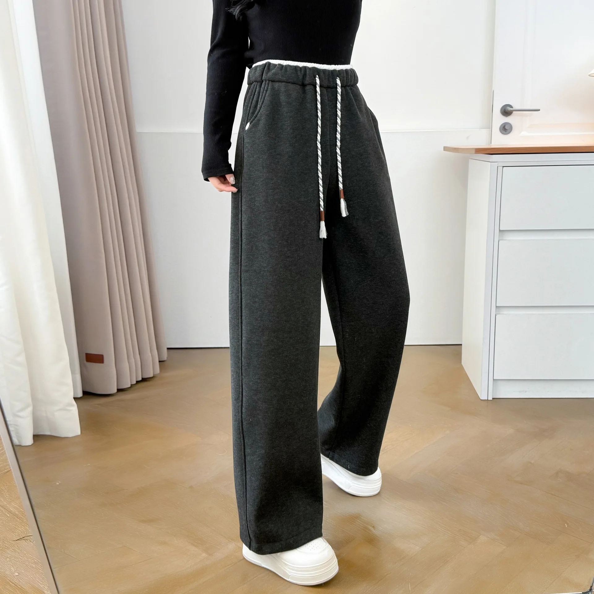 

XXXXL модная женская одежда больших размеров, прямые спортивные штаны, зимние простые теплые флисовые и утолщенные повседневные брюки 7063