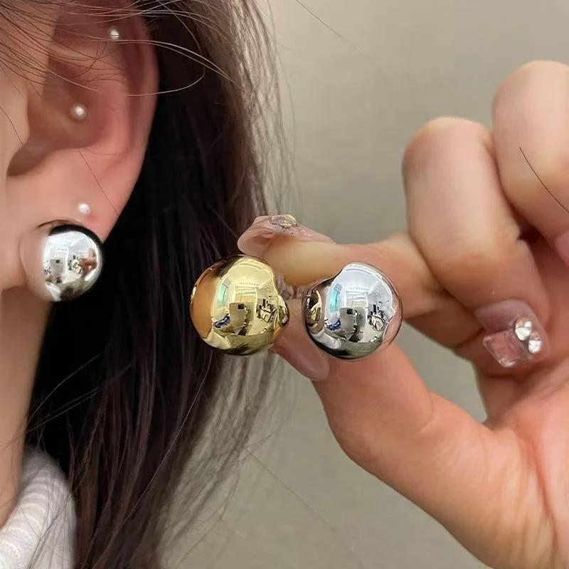 Minimalist Large round Ball Earrings And Ring for Women in Dual-Tone Gold And Silver Smooth Surface Fashion Accessory Commuting