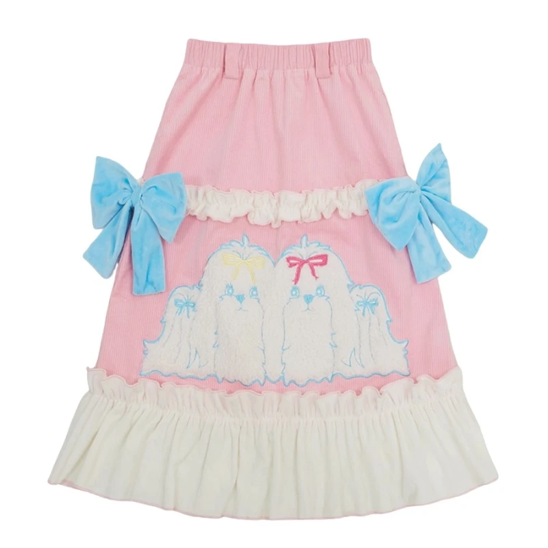 2025 Autunno Inverno Nuova stampa animalier Velluto a coste Rosa Gonna lunga da donna Design giapponese Dolce e carino Fiocco in pizzo Splicing Gonne Donna