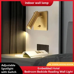 Embedded Square Wall Light Hotel Bedroom Bedside Reading LED Spotlight with Switch Adjustable Headboard Sconce Night Lamp 3W