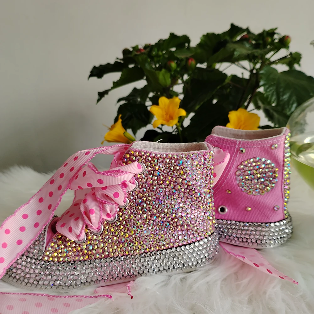 Handmade Rhinestones Bling Girls Womens Kids And Mother Candy Canvas Shoes Pearls Sneakers For Girl Birthday Party Wedding