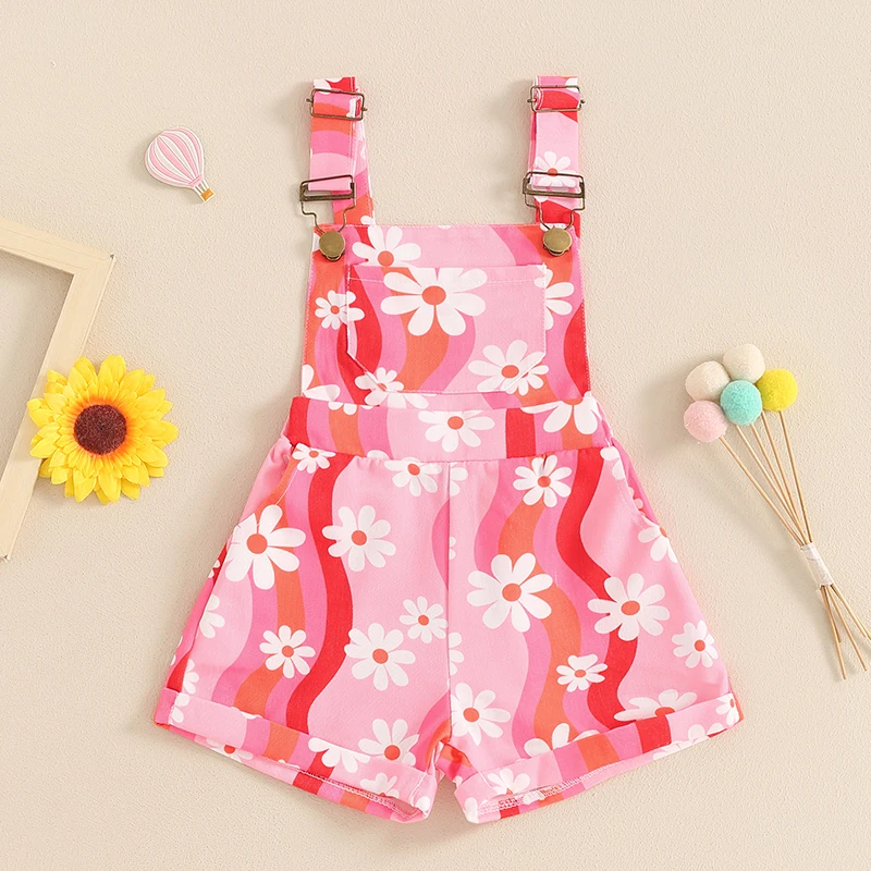 Toddler Kids Clothes Baby Girls Overalls Daisy Print Sleeveless Straps Buttons Pockets Summer Romper Jumpsuits Newborn Clothing