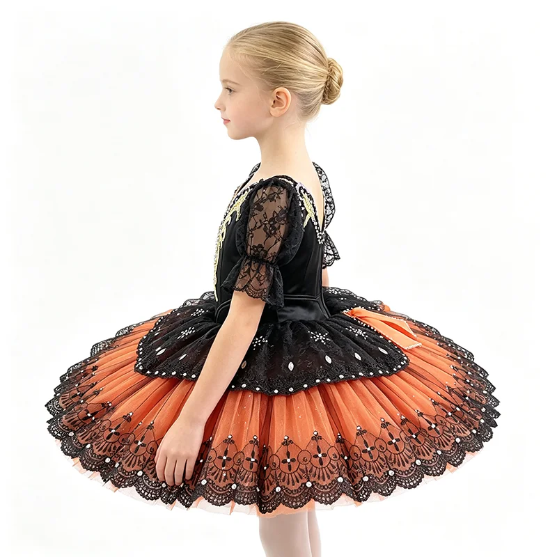 Womens Lace Long Sleeve V Neck Ballet Tutu Performance Dress Gold Rhinestone Scroll Embroidery Bow Decor Black Orange Contrast G