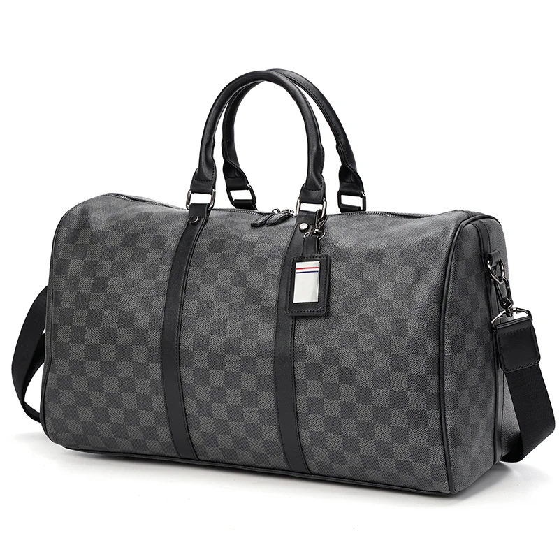 

Korean version new men's large capacity short distance travel luggage bag trendy checkered handbag shoulder bag fitness bag