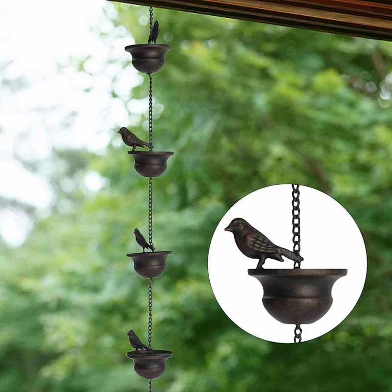 

ABUN-Rain Chains For Gutters Mobile Birds On Cups Rain Chimes 8Ft Rain Chimes With Attached Hanger And Birds 2Pcs
