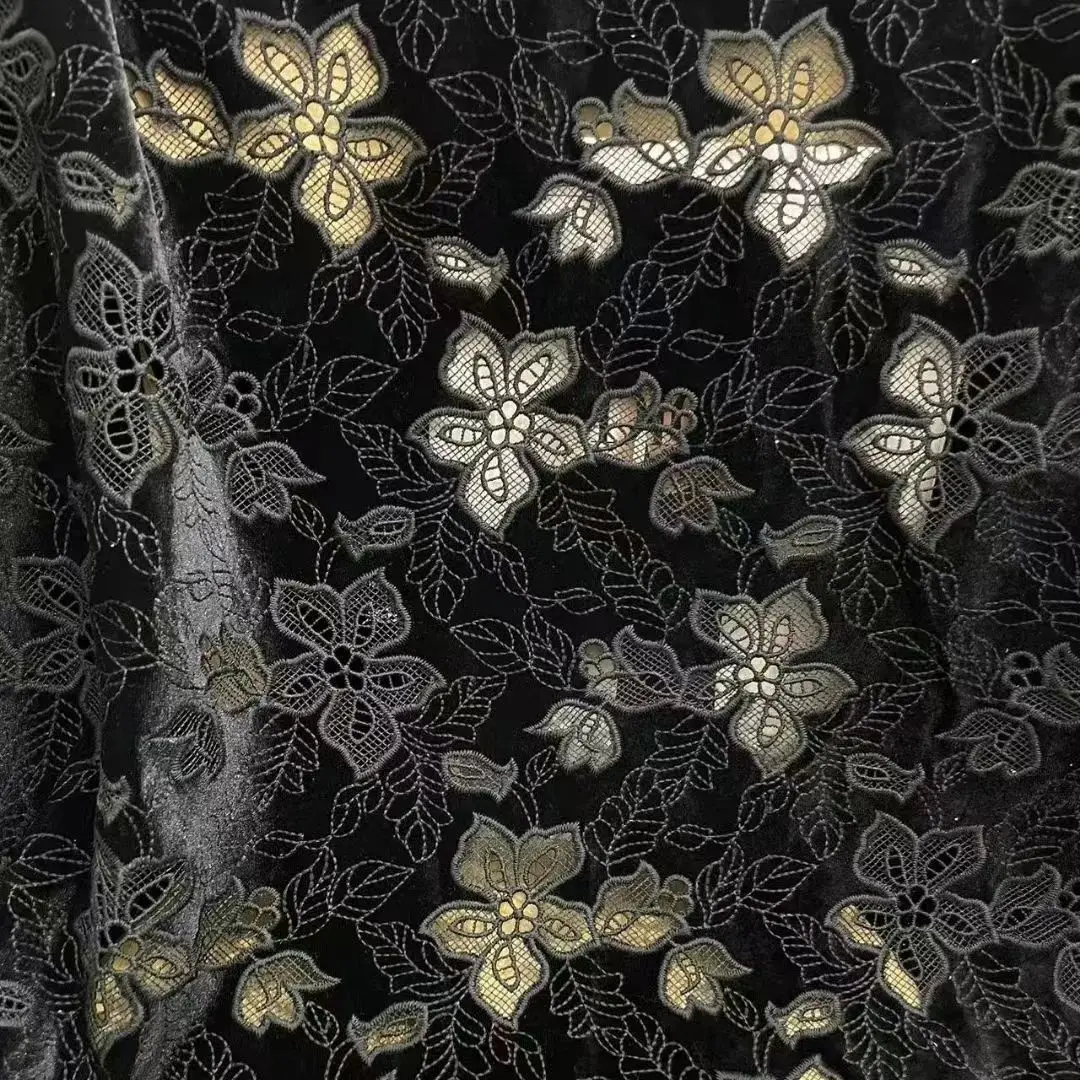 

Latest high-end velvet base fabric with rose lace embroidery hollow-out design autumn winter velvet material for DIY clothing