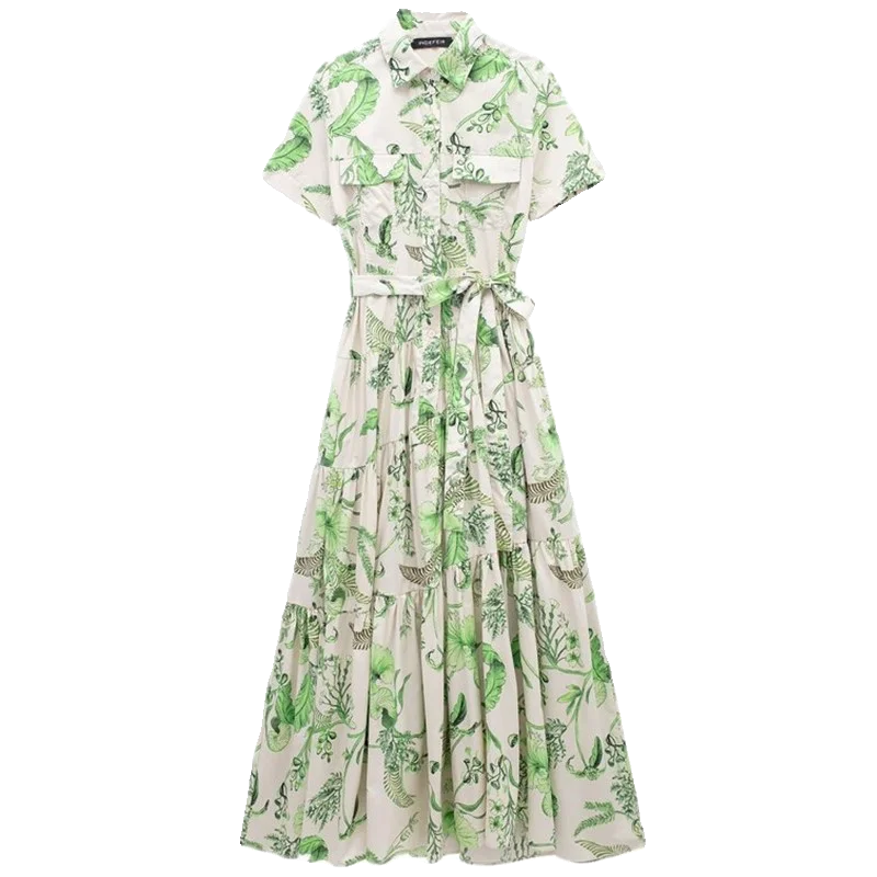 Summer 2024 Women's Slimming Versatile Floral Print irt Dr Midi Length Single Piece  Collar ort Sve Other Material