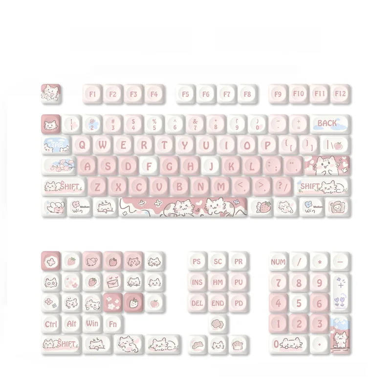 Kawaii Strawberry Kitten Keycap 132 Keys Keyboard Decoration MOA Configuration PBT Sublimation Mechanical Keyboard Girls Gift