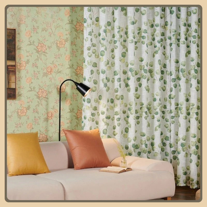 

Curtains for Living Dining Room Bedroom New Leaf Print Curtain Yarn, American Transparent Curtain Retro Print Classic Romantic