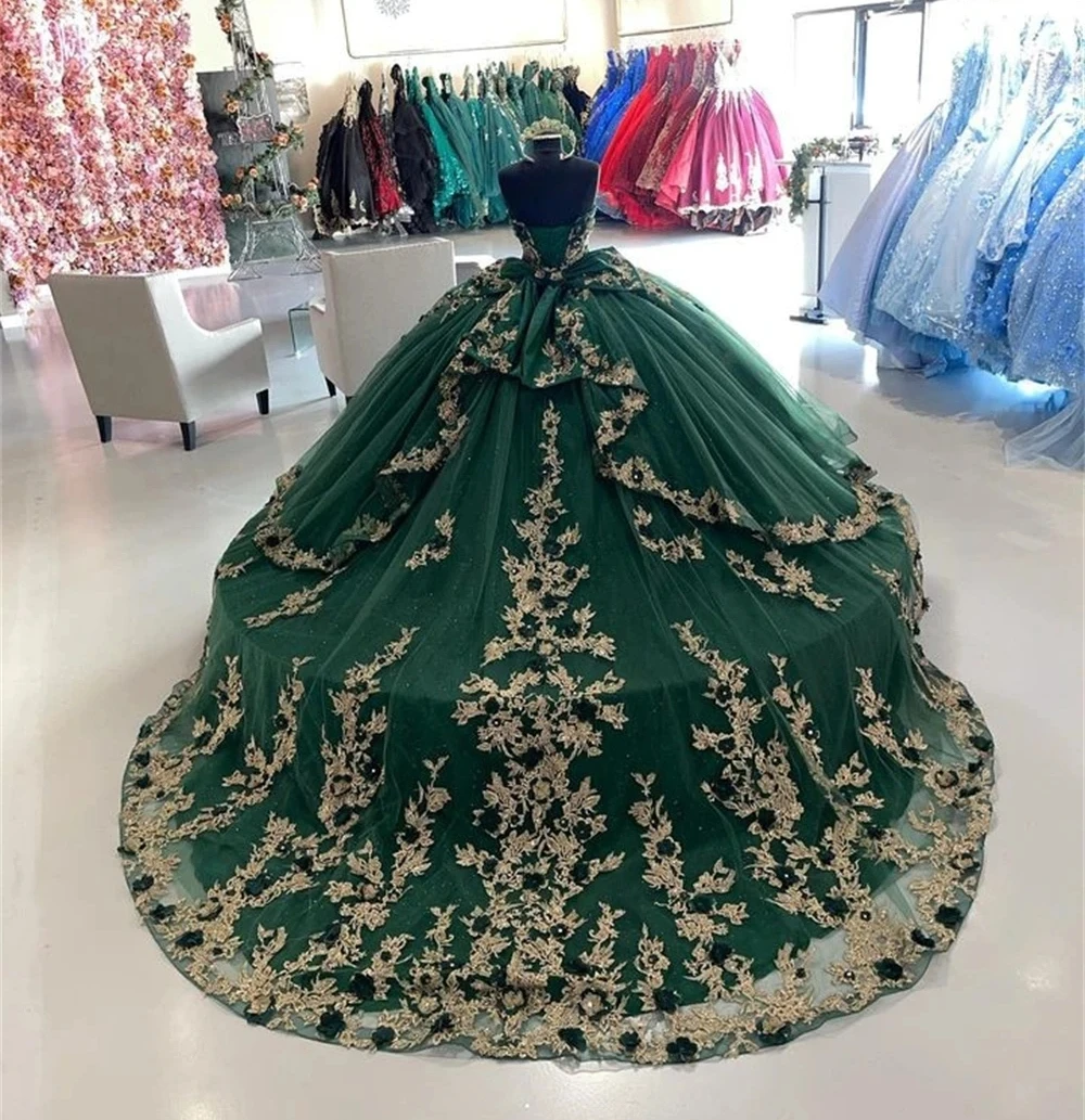 Robes de Quinceanera princesse avec appliques en tulle, col en V, robe de Rh, robe mexicaine, douce, verte, 16, 15 ans