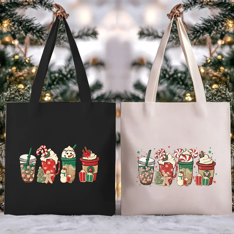 Women Christmas Milk Tea Series Shoulder Bag Vintage Aesthetics Canvas Tote Bags Teen Merry Christmas Shopping Bag Funny Handbag