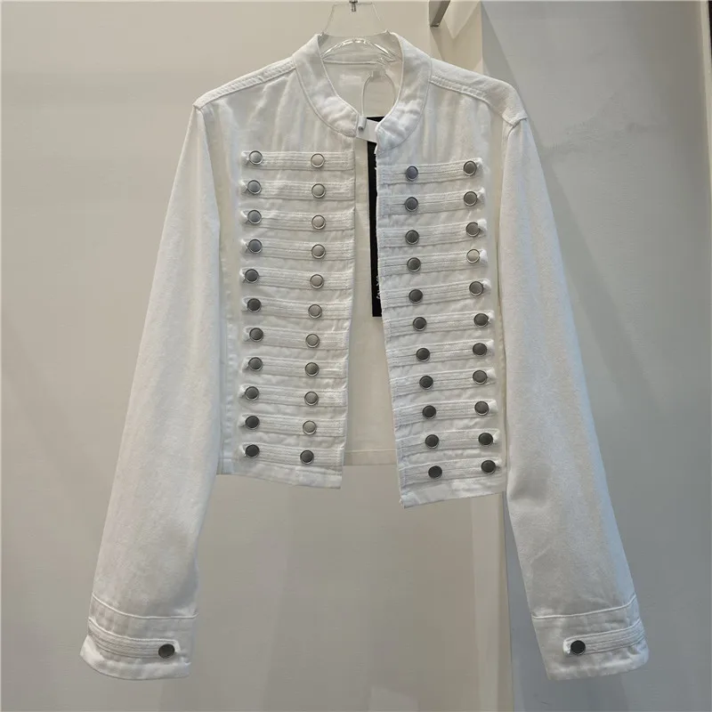 American Style Distressed Denim Jackets Women's Double Breasted Stand Collar Short Coat High Street Fashion Vintage Outerwear