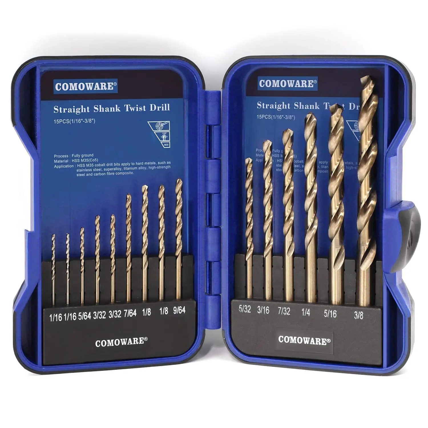

15 Pcs M35 Cobalt HSS Drill Bit Set (1/16"-3/8") - 135° Split Point, Jobber Length, Twist Bits for Metal, Stainless Steel, Wood, Plastic, with Storage Case