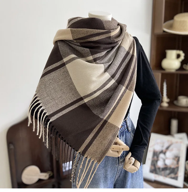 Cozy Plaid Scarf Shawl - Soft Imitation Cashmere, Color Block Design, Tassel Trim, Versatile Autumn Winter Coldproof Neck Scarf