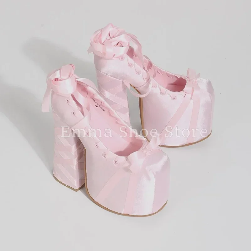 Women's Blue Satin Platform Pumps Cross Straps Chunky Heels Bowtie Dance Shoes Trendy Thick Bottom Girls Lolita Court Shoes