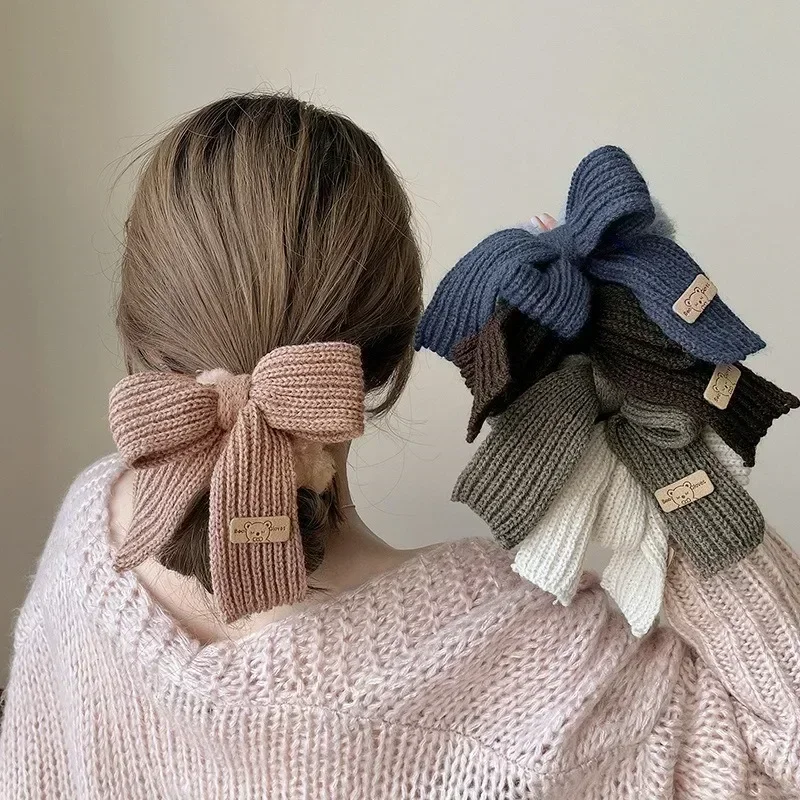 New Autumn/Winter Solid Lamb Wool Bowel Hair Rings Knitted Wool Bow Hair Tie Hair Accessories for Girls Soft Bowknot Fluffy