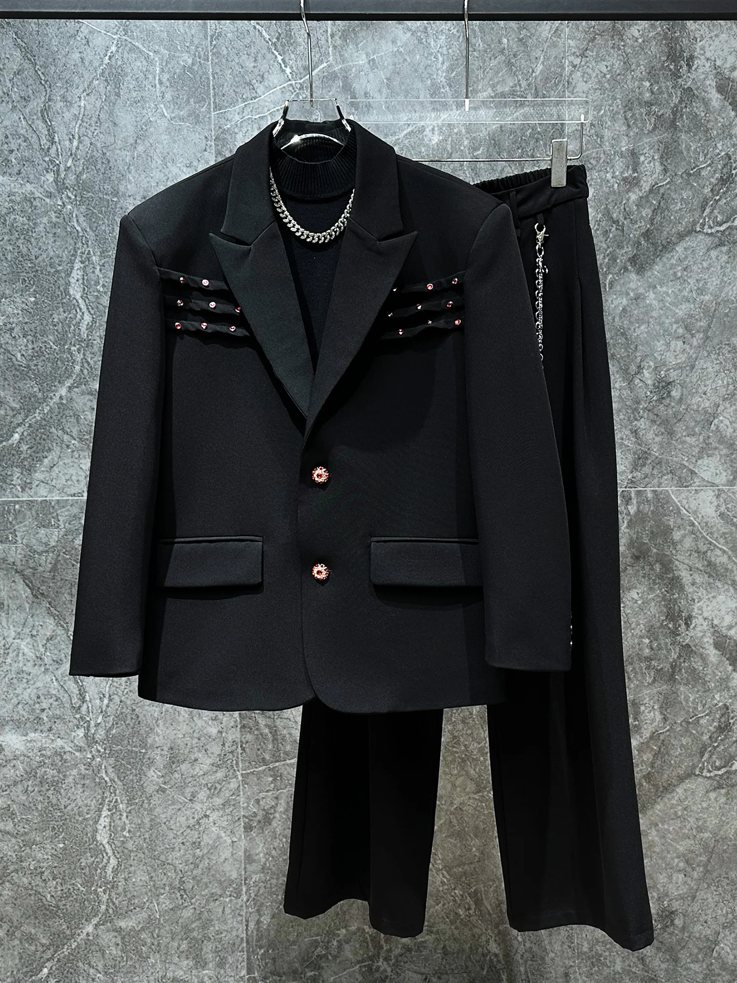 

Bla Diamond Embellied Folded Design Men's Suit Jaet Trendy Haome Korean Sle Casual Long Sve Single Button Coat