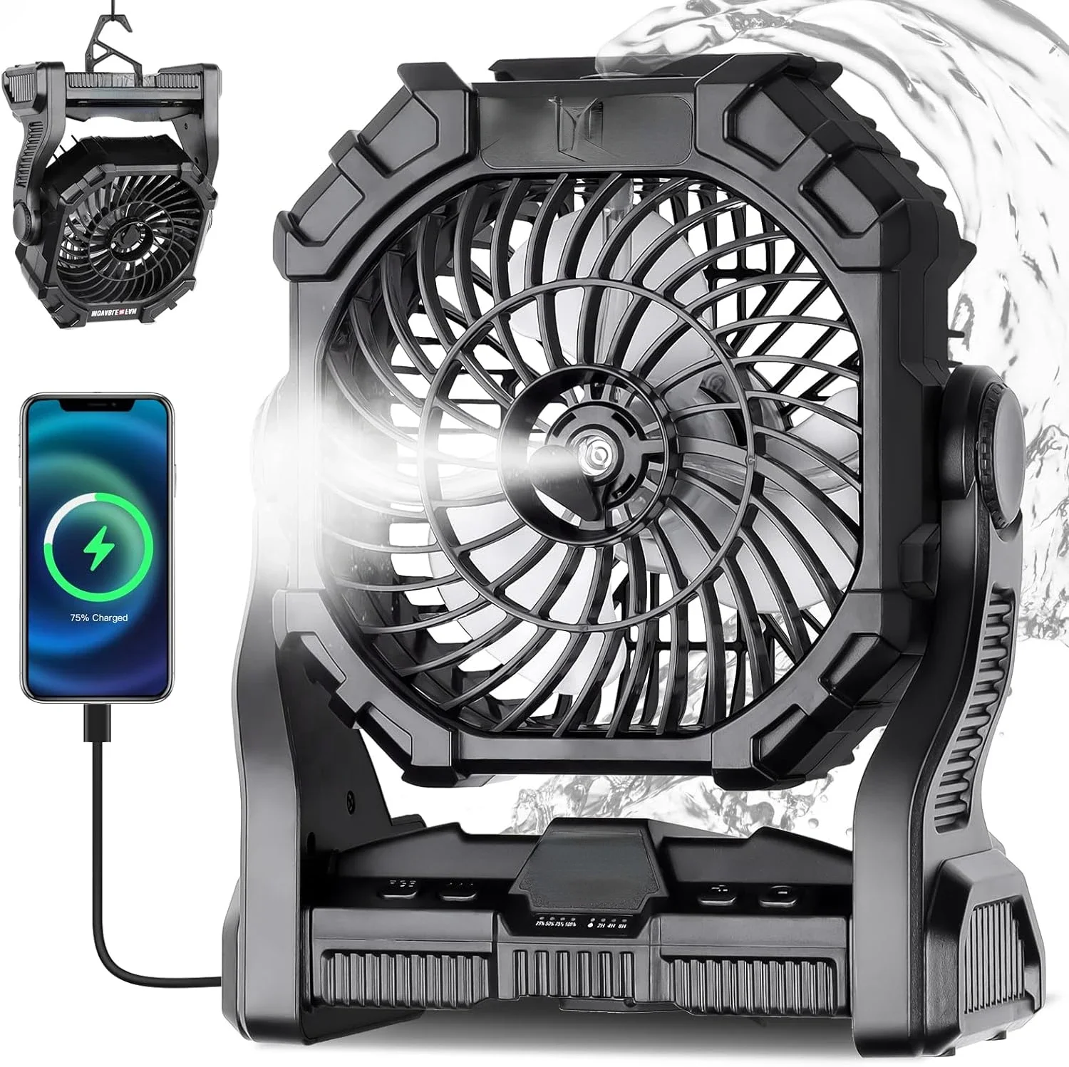 

Rechargeable 10 Inch Camping Fan with RGB Light, 250ML Tank, and USB Personal Cooling - Powerful Misting Fan for Outdoor Adventu