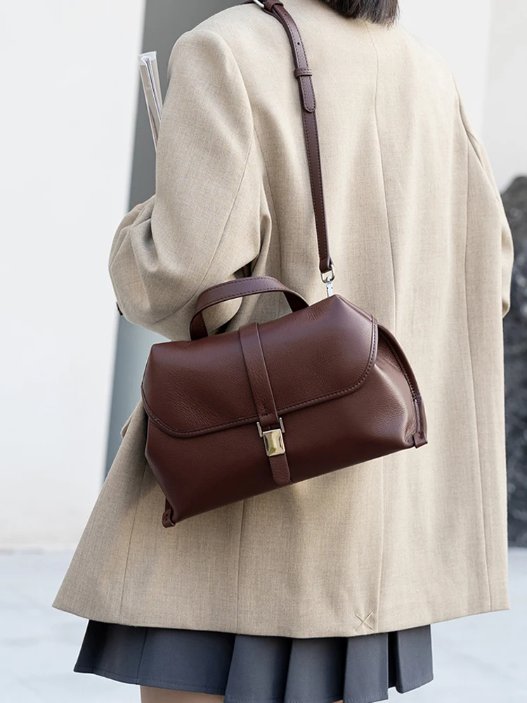 

Women Cow Leather Office Shoulder Bags Female Solid Retro Fashion Cowhide Handbag Ladies Designer Luxury Crossbody Bag For Work
