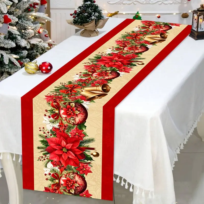 VIKAMA Merry Christmas Poinsettia Table Runner Red Floral Gold Bell Holly Berry Xmas Winter Dining Table Flag Kitchen Party