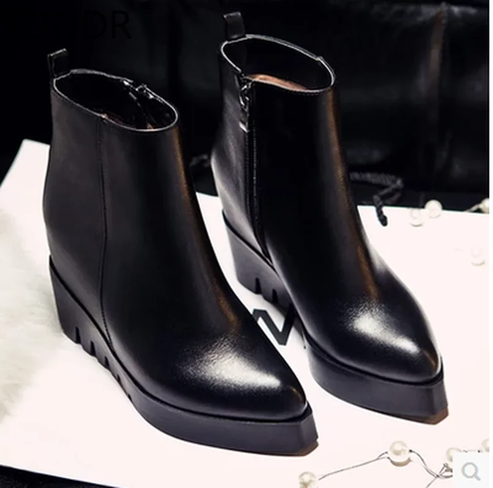 Womens Genuine Leather High Wedge Heels Pointed Toe Ankle Riding Boots Shoes Platform Black Motorcycle Punk Genuine Leather Zip