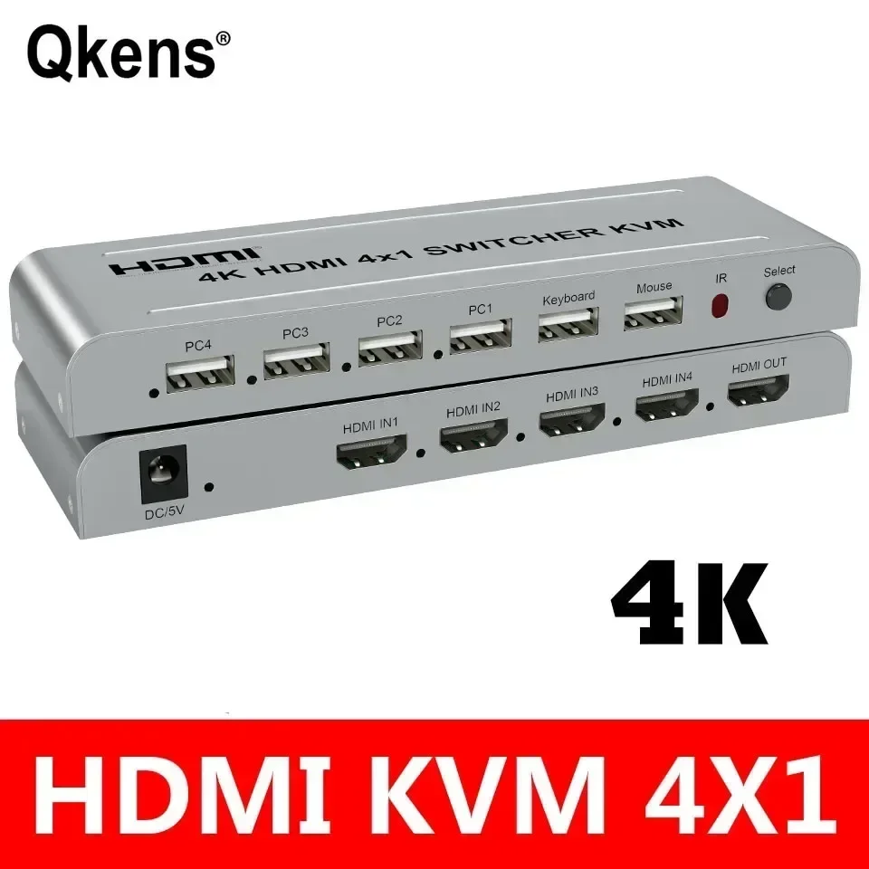 4K 4x1 HDMI KVM Switcher 4 In 1 Out Audio Video Converter for USB Keyboard Mouse Control 4 Laptop PC , Computer To TV Projector