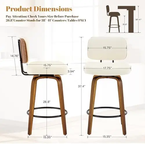 Counter Height Bar Stools Set of 2, 26+inch Swivel Faux Leather Barstool with Back, Upholstered Mid-Century Modern Bar