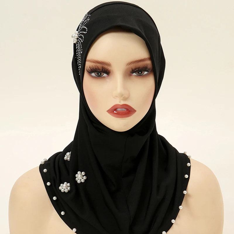 Beading Hot Diamond Crystal Hemp Hijab Undercap With Chin Part Solid Color Inner Cap For Woman Ready To Wear Muslim Caps Bonnet