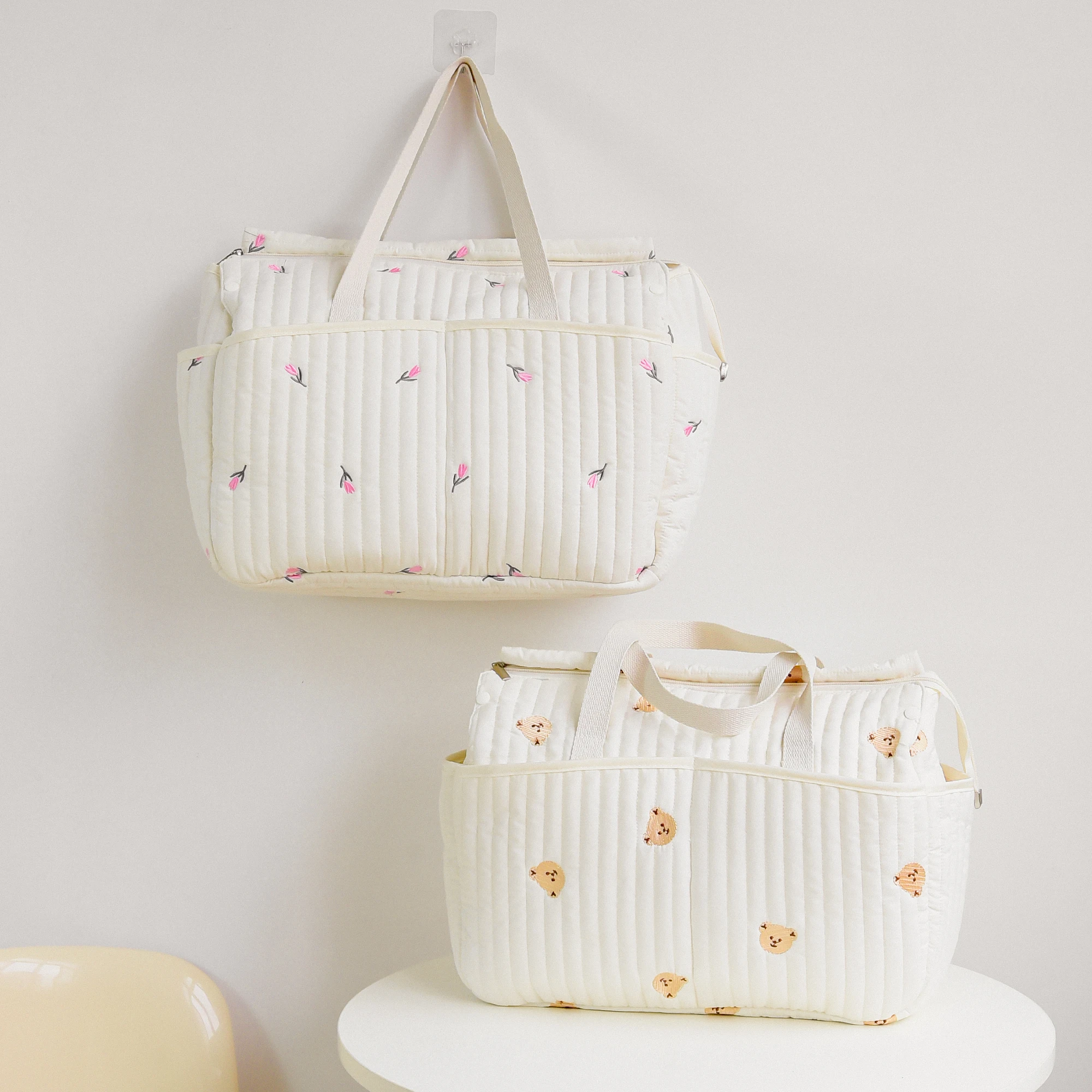 Bear Embroidered Tail Zipper Mother and Baby Bag Large Capacity Multifunctional Bag Lightweight Portable Mommy Bag for Outings