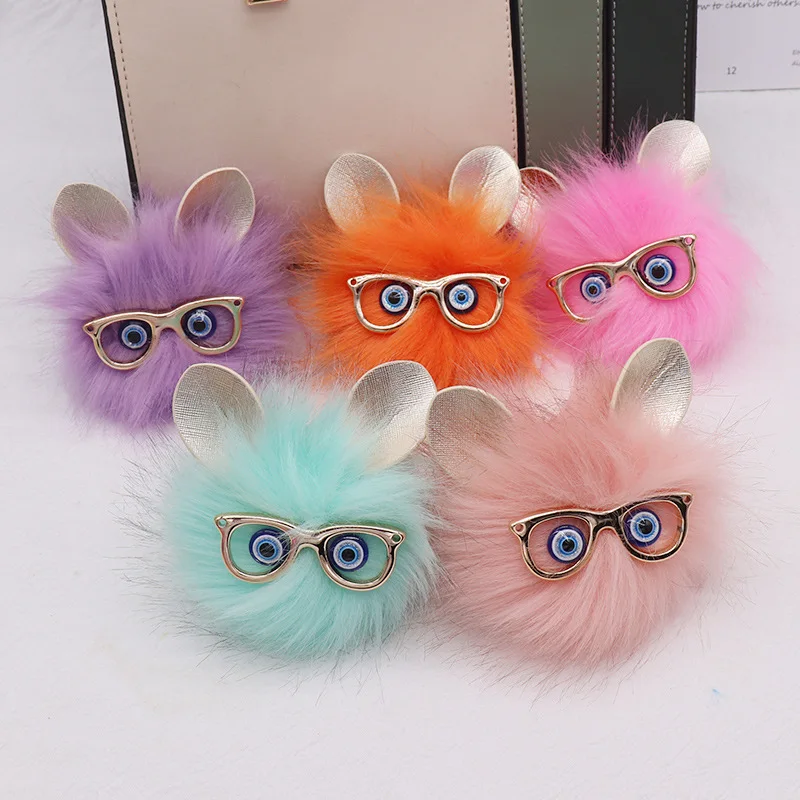 Colorful Cute Cartoon Keychain Owl Soft Pompom Animal Tail Hair Ball Car Keychain Ladies Car Bag Accessories Key Ring Mom Gift